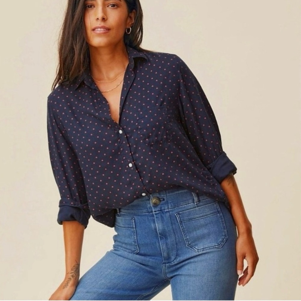 Elegant Navy Polka Dot Button Down Shirt